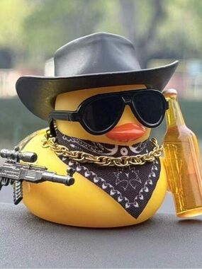 Yellow Mini Duck Figurine Plastic w/ Hat, Sunglasses, Bandana Chain Gun Bottle